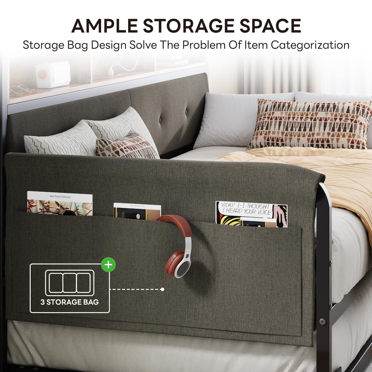 LIKIMIO Daybed with Trundle, Twin Bed Frame with Upholstered Headboard and Charging Station, Sofa Day Bed with Strong Supports for Living Room, Bedroom and Guest Room, Black LIKIMIO