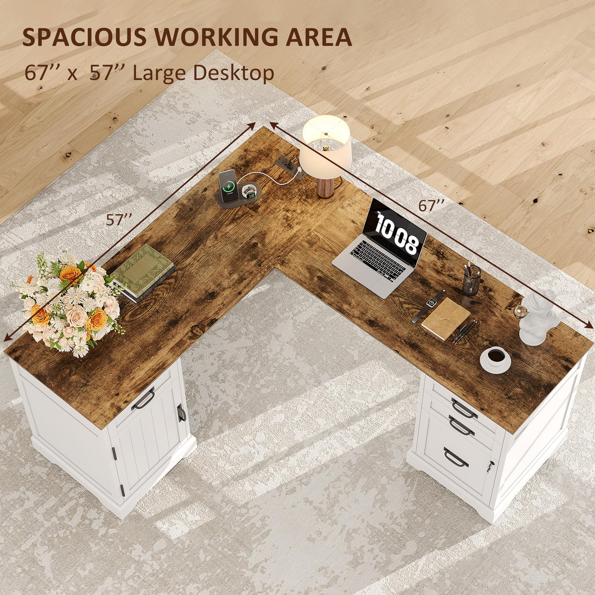 Whalefall Farmhouse L Shaped Desk with Drawers, 67 Inch Executive Home Office Desk with File Cabinet, Computer Corner Desk with Charging Station, White Whalefall