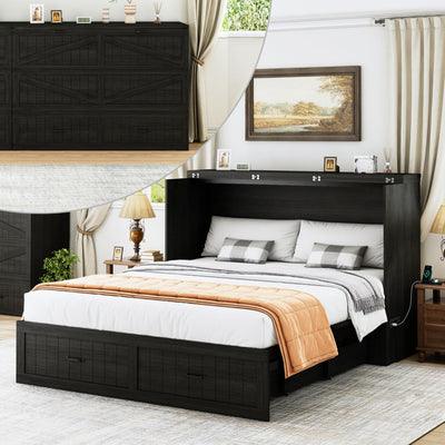 DalyLuxa Queen Size Multi-Functional Murphy Cabinet Bed with Charging Station, Farmhouse Queen Size Bed Frame with Drawer, Hidden Folding Murphy Bed Chest for Bedroom, Black