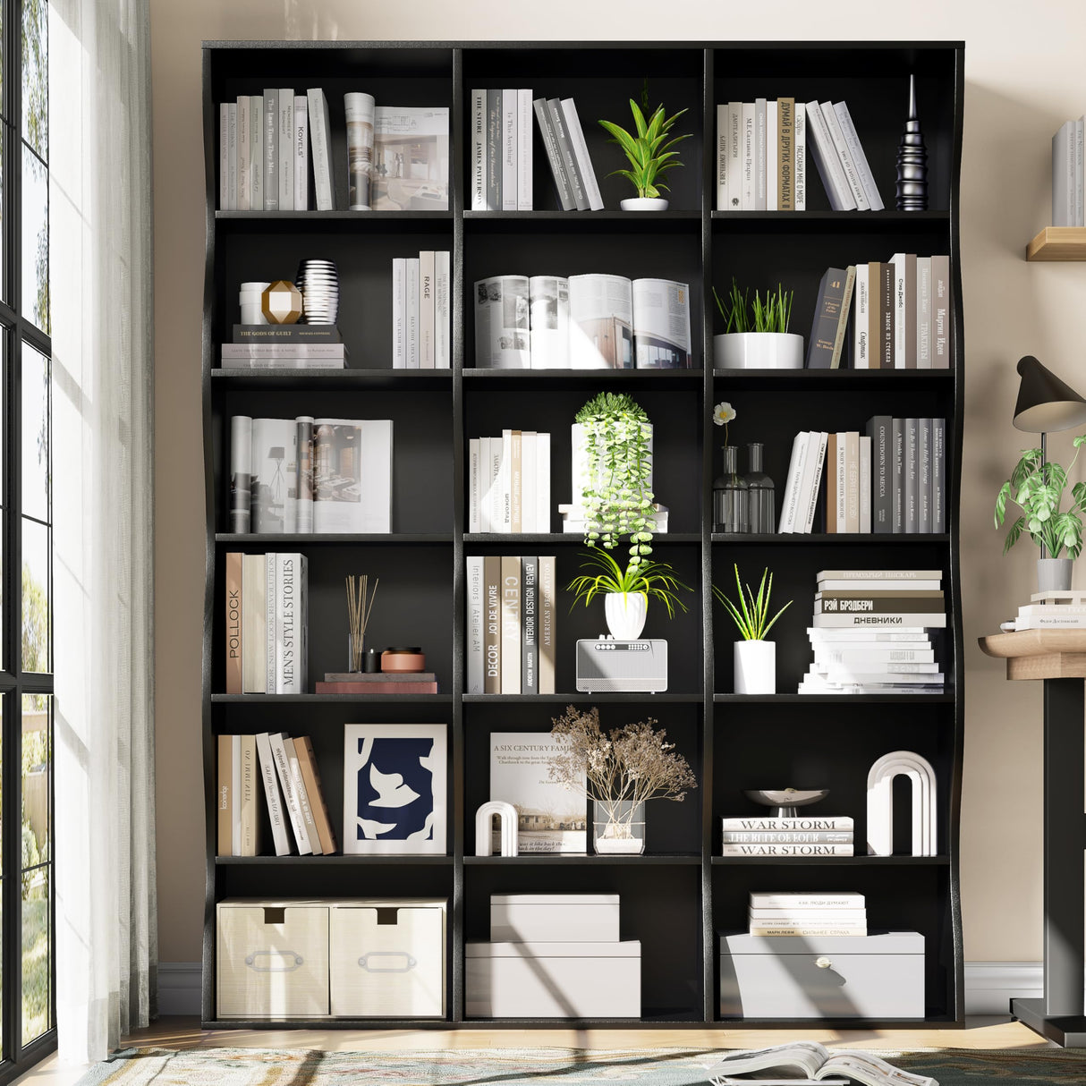 Gyfimoie 71" Triple Wide Bookshelf, 6 Tier Tall Bookcase with Storage, Large Book Shelves with 18 Open Display Shelves, Black Bookcase for Living Room, Study, Home Office, Library (Black) Gyfimoie