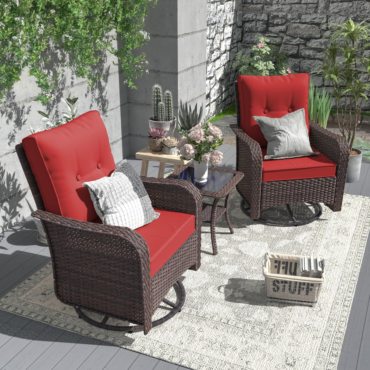 ALAULM 10 Pieces Patio Furniture Set with 2 Swivel Chairs Wicker Patio Conversation Set, Outdoor Sectional Furniture w/Coffee Table & Washable Seat Cushions-Red ALAULM