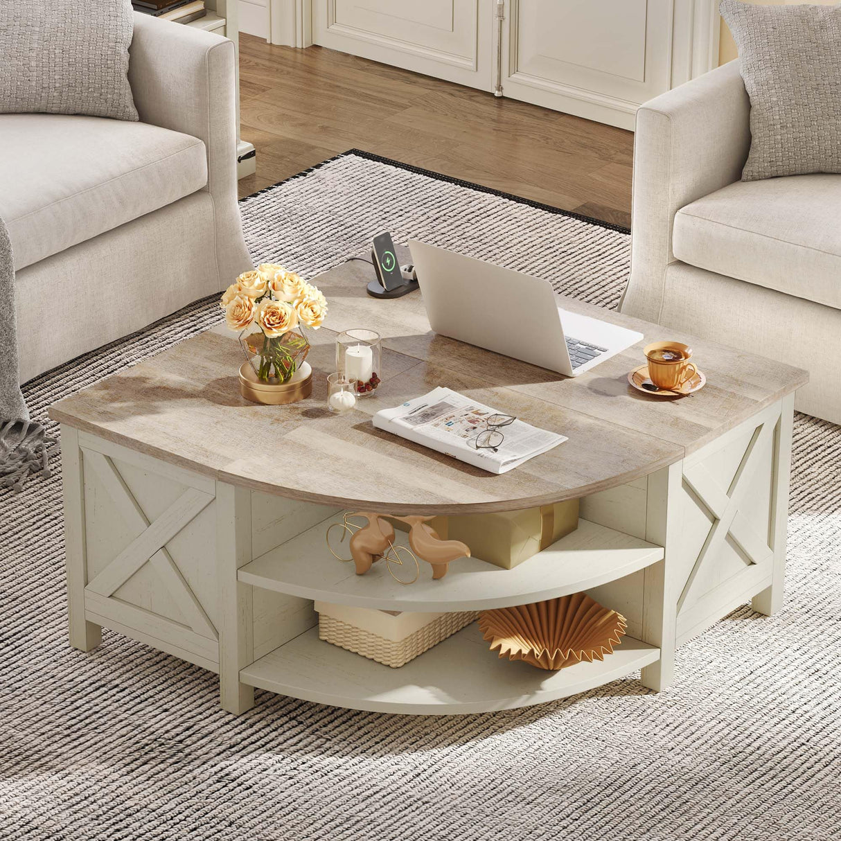 YITAHOME Farmhouse Lift Top Coffee Table with Storage, Wood Cured Center Table with Charging Station&USB Port, Living Room Table w/Large Hidden Space, for Bedroom, Home Office, Grey Wash YITAHOME