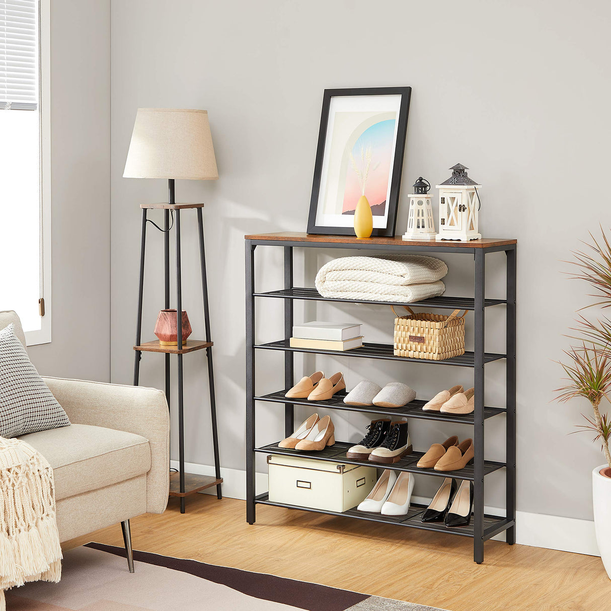 VASAGLE 6-Tier Shoe Rack, Shoe Organizer for Closet, Entryway, 24-30 Pairs of Shoes, Large Shoe Rack Organizer with 5 Metal Mesh Shelves, 11.8 x 39.4 x 43.3 Inches, Rustic Brown and Black ULBS016B01 VASAGLE