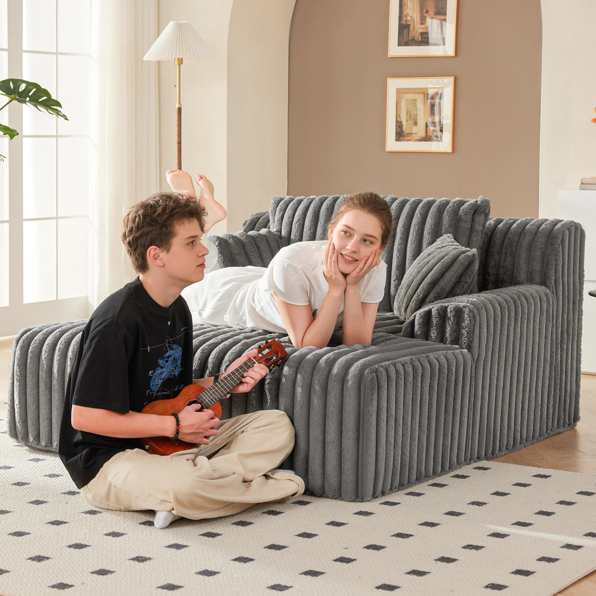 Mangodan 53.5”W Oversized Chaise Lounge Chair Indoor, Boneless Couch with 4 Pillows, Cozy Reading Chairs with Wide Arms, No Assembly Corduroy Boneless Chair, Memory Foam Couch for Living Room, Gray Mangodan