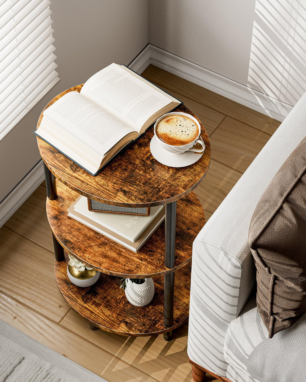 RISWER Small Round Side Table - 3-Tier Oval Accent Table for Small Spaces, Rustic Wood and Metal Couch End Table, Nightstand for Bedroom or End Table Living Room, Easy to Assemble, Rustic Brown RISWER