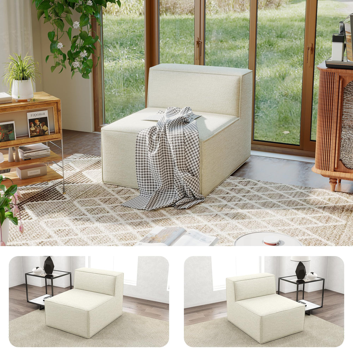 KOBY HOME 38“ Modular Sectional Sofa Convertible Cube Thick Couch Seat Set, Combine L-Shaped U-Shaped, Free Assembly, Space-Saving for Living Room, Fabric Chenille Beige White (Only Armless) KOBY HOME