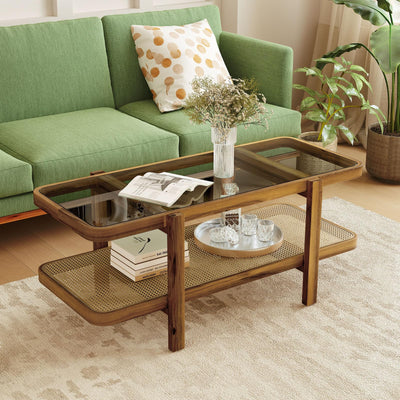 Tangkula Rattan Coffee Table, 47.5”L Boho Cocktail Tables, 2-Tier Center Table with Tempered Glass Tabletop, PE Rattan Shelf & Acacia Wood Frame, Mid Century Modern Tea Table for Living Room (Natural)