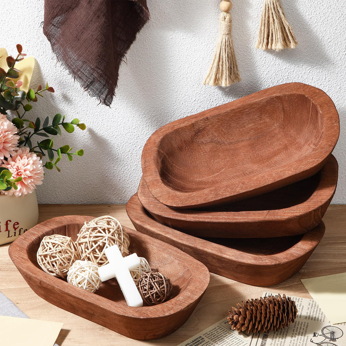 FoldTier 4 Pcs Wooden Dough Bowl 10'' X 6'' X 2'' Wood Decorative Rustic Wooden Bowls Table Centerpiece for Candle Making Key Living Room Home Dining Room Kitchen Decoration (Brown) FoldTier