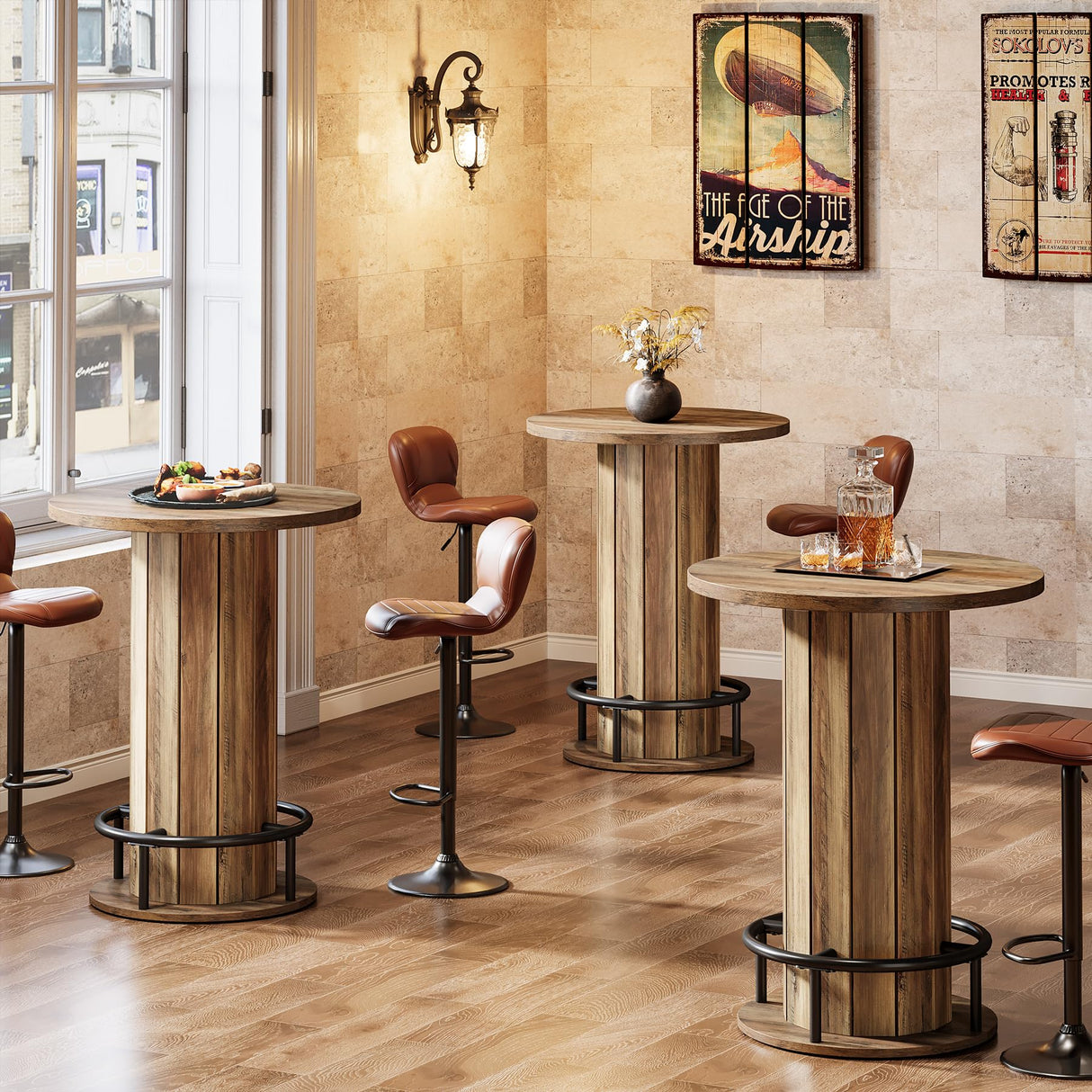 Tribesigns Round Bar Table, 39.4" H Wood Bistro Pub Table with Metal Ring Footrest for Dining Coffee Cocktail Living Room, Small Space, Brown(Only Table) Tribesigns