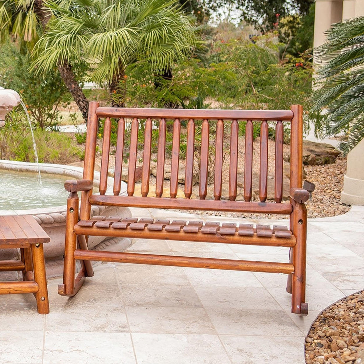 Leigh Country Double Porch Rocking Chair with Curved Seat Slats, Wide Seat, and Stained Finish for Lawn, Garden, and Patio Spaces, Honey Leigh Country