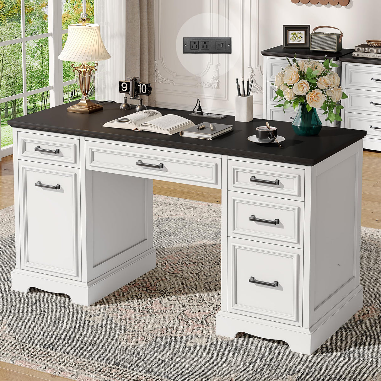 Fynar White Farmhouse Executive Desk with Drawers and Charging Station, 55.1" Wood Home Office Desk with Storage Cabinet,Morden Solid Computer Writing Desk for Study Work Table for Home Office (White) Fynar