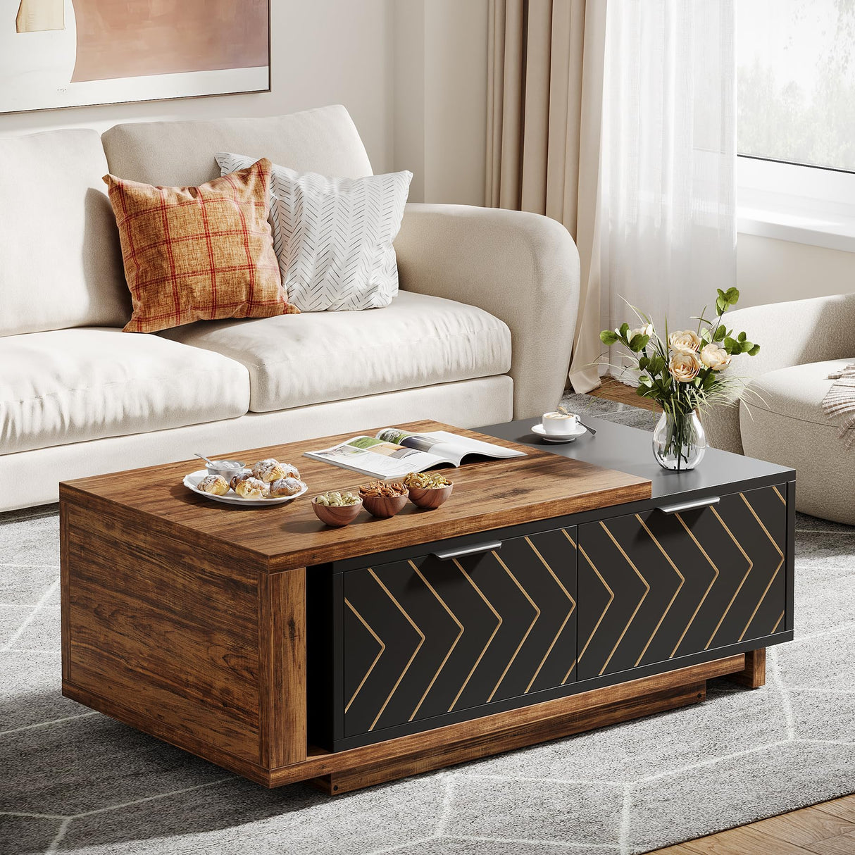 Tribesigns Extendable Coffee Table, 42"-65" Length Adjustable Reversible Wood Coffee Table with 2 Storage Drawers for Living Room, Large Long Rectangular Dual-Tone Center Table (Brown & Black) Tribesigns