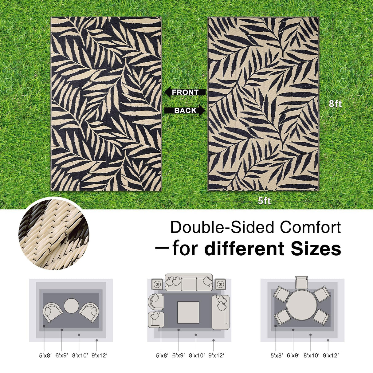 OLANLY Waterproof Outdoor Rug 5x8 ft, Reversible Outdoor Plastic Straw Rug with Leaf Pattern, RV Mat, Indoor Outdoor Carpet for Patio, Camping, Balcony, Deck, Backyard, Black & Beige OLANLY