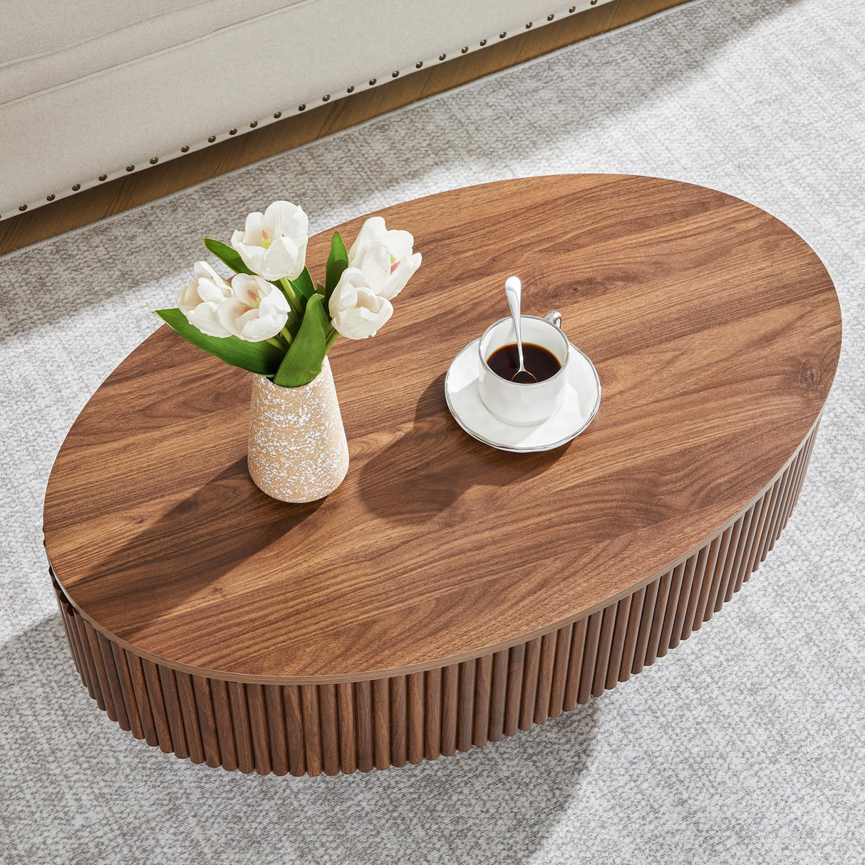 Janmer Home Oval Coffee Table with Hidden Storage, 31.5 Inch Wide Modern Coffee Table, Center Table with Fluted Veneered, Accent Tea Table for Small Space Living Room Apartment (Walnut) Janmer Home