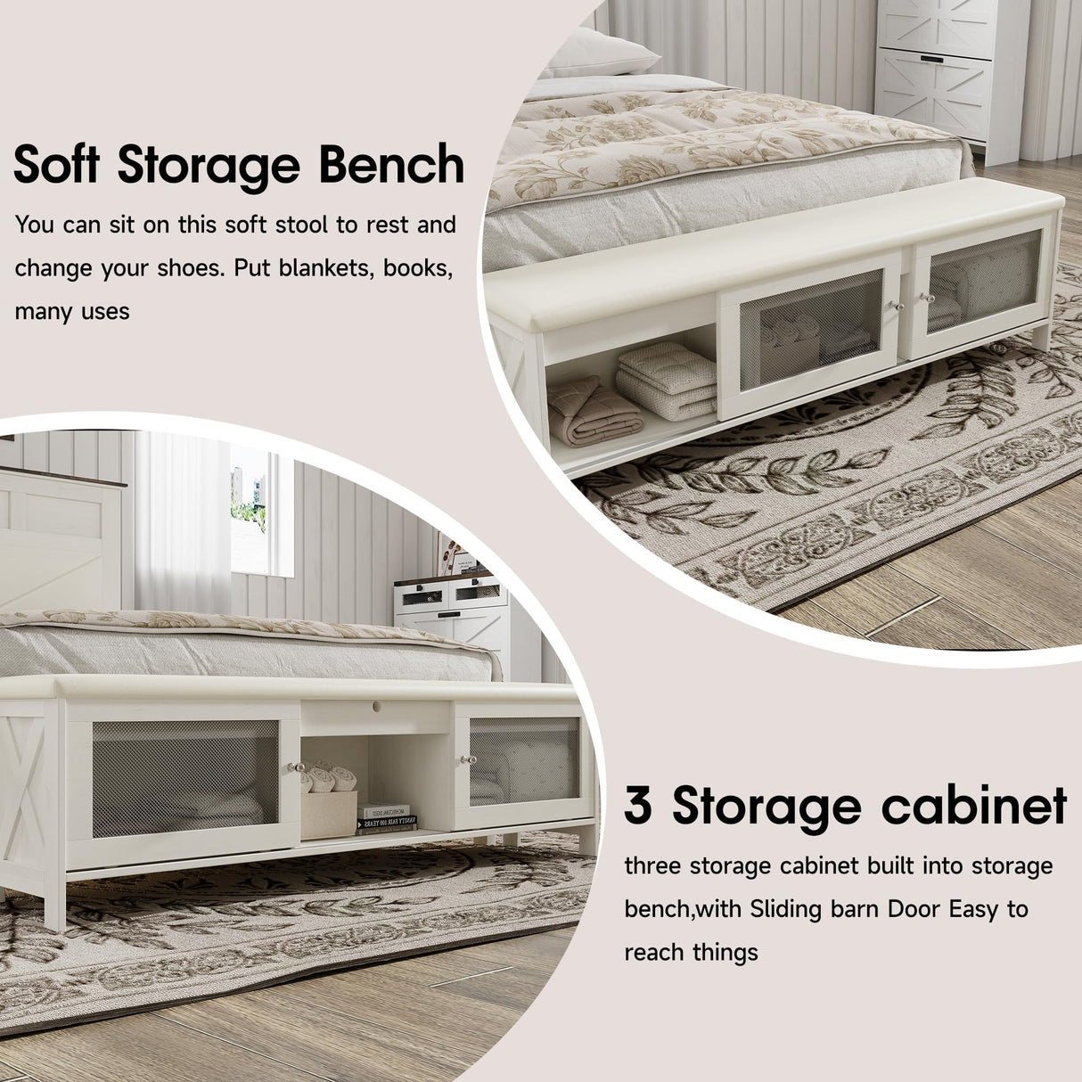 Halitaa Farmhouse Full Bed Frame with Storage, Full Size Bed Frame with 51" Tall Headboard & Charging Station,Wood Platform Bedframe with Led Lights & Storage Bench, No Box Spring Needed,White Halitaa