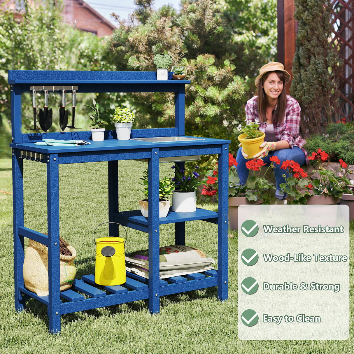 FOOWIN Potting Bench, HDPE Outdoor Potting Table with Sink, All-Weather Potting Benches for Outside, Gardening Table with Storage Shelf, Hook, for Garden, Patio, Lawns, Navy Blue FOOWIN