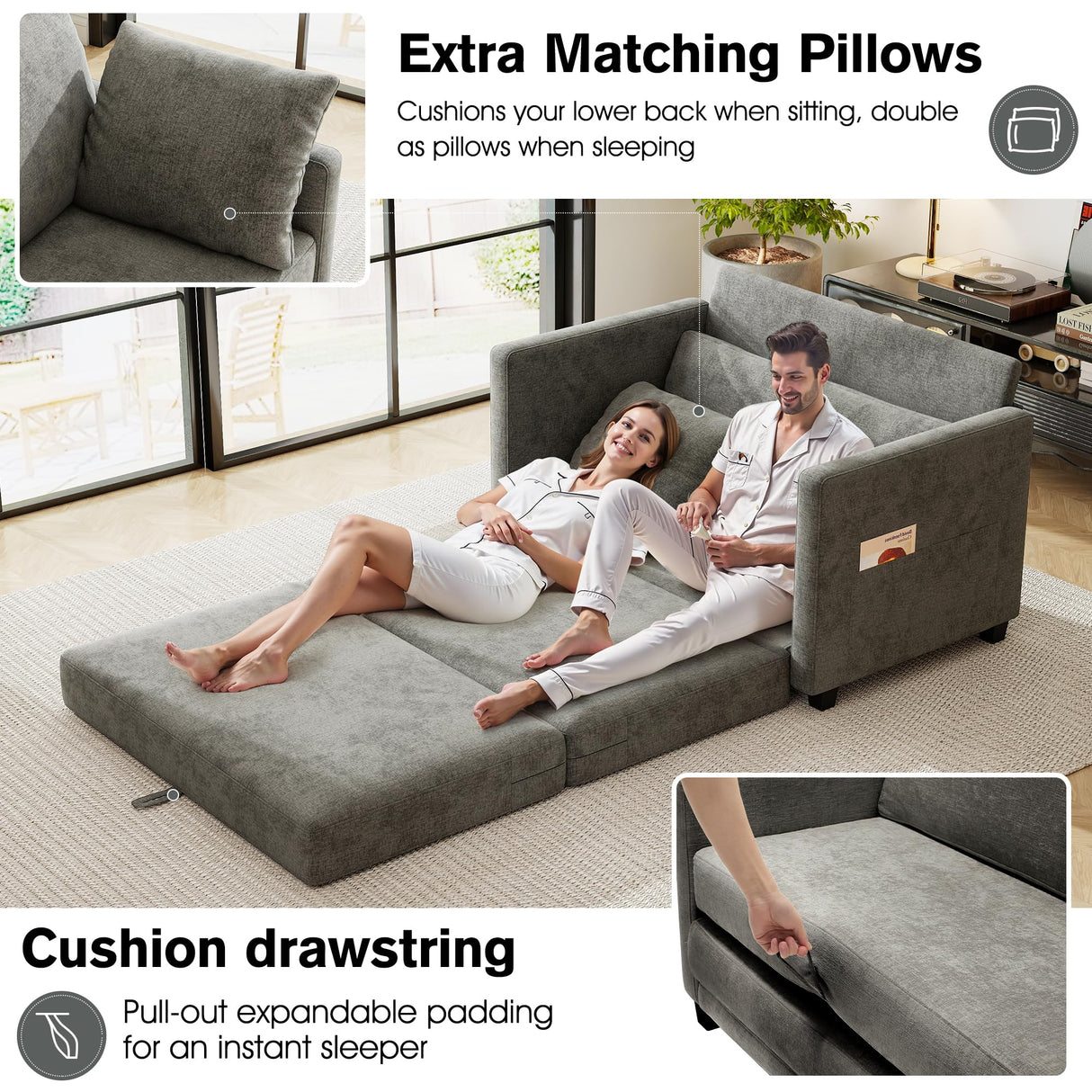 kakuboohi 51" Loveseat Sleeper Sofa Bed, Chenille Convertible Floor Sofa Bed for Small Spaces, Folding Couch Bed with Deep Seat, 2 Pillows & Solid Frame, Pull Out Floor Couch for Living Room, Grey kakuboohi