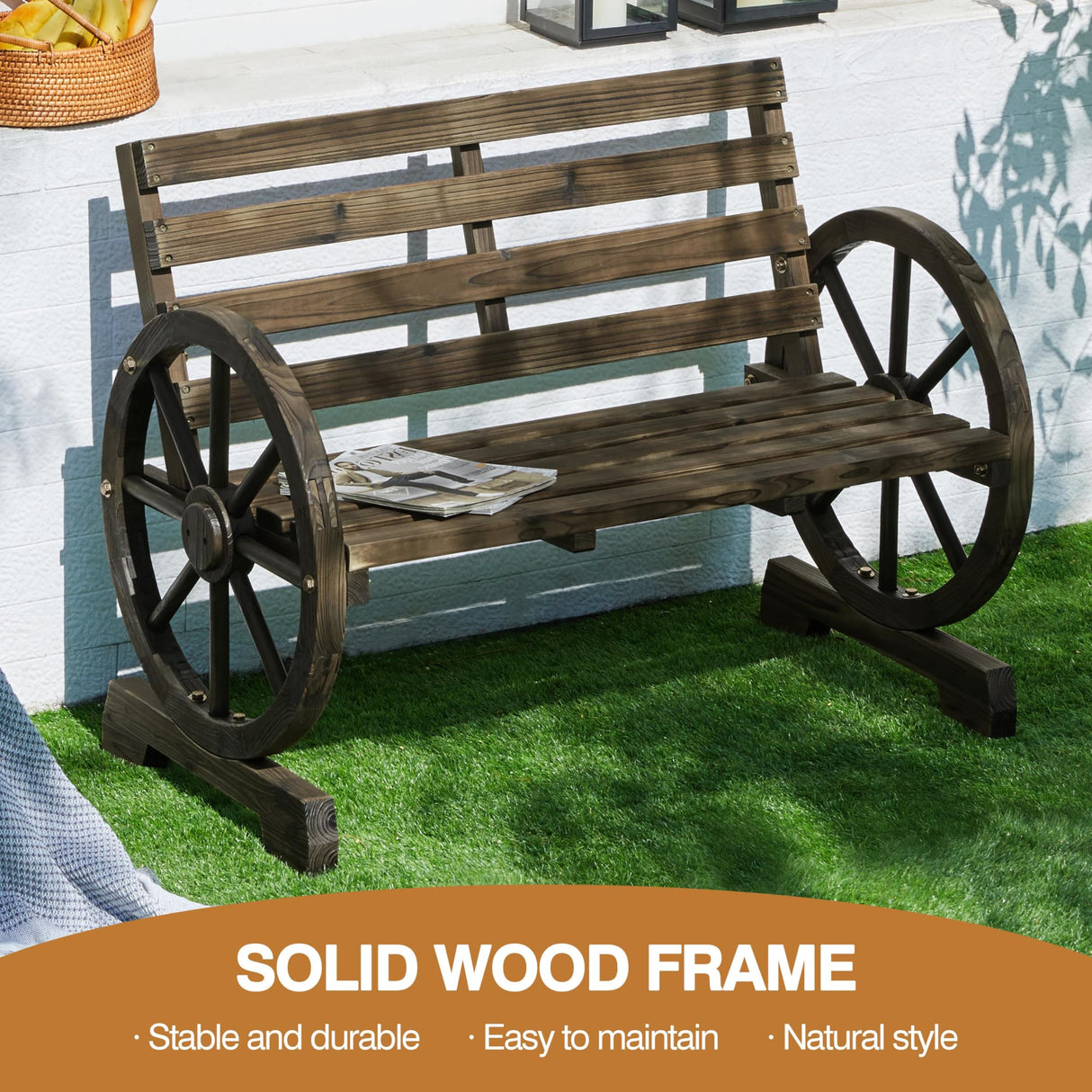 Yaheetech 41in Antique Chariot Wheel Outdoor Bench for 2 - Dark Brown Wooden Garden Furniture Yaheetech