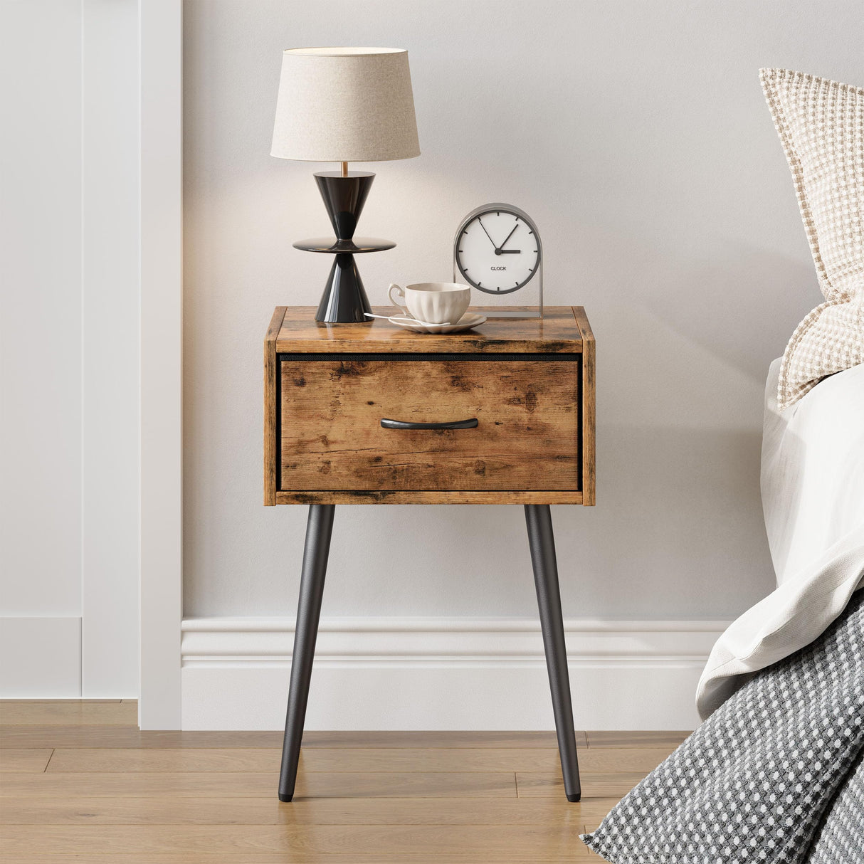 Small Nightstands Set of 2, Bedside Table with Fabric Drawer, Idustrial End Table with Metal Leg, Couch Side Table for Bedroom Living Room, Sofa, Office Rustic Brown LNT504R IRCPEN