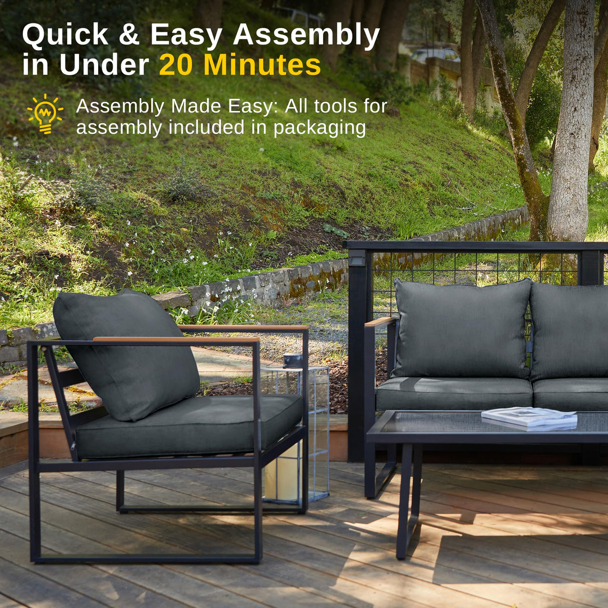EAST OAK Courtyard Patio Furniture Set, 4-Piece Outdoor Patio Set with Sofa, Removable & Washable Deep Seating Cushion, Tempered Glass Table, Outside Patio Conversation Sets, Black & Dark Grey EAST OAK