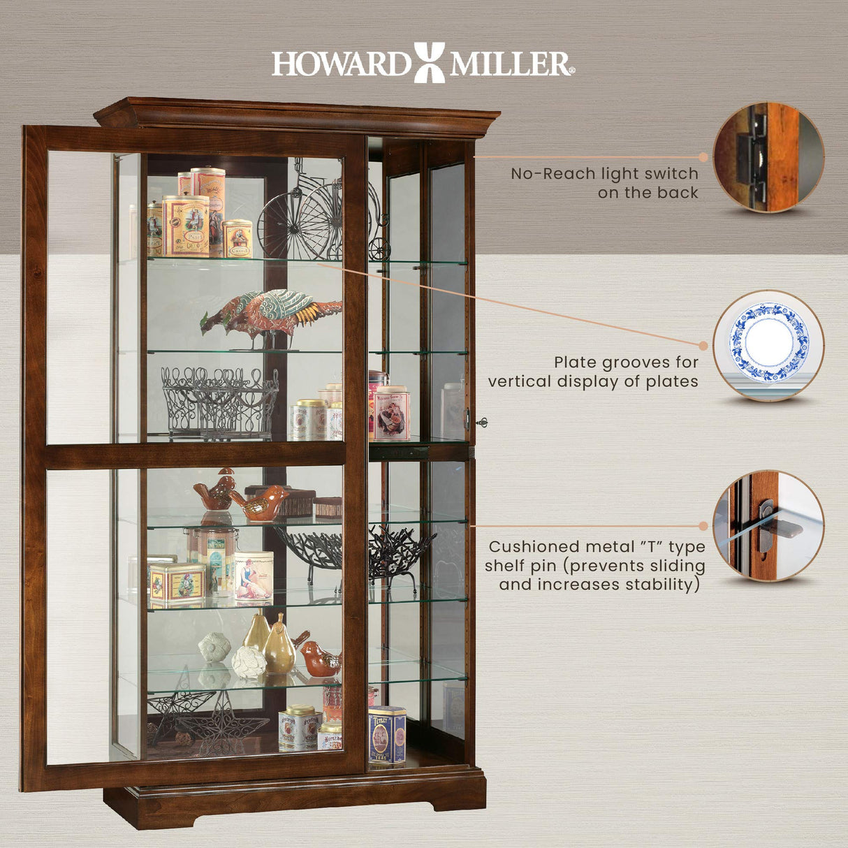 Howard Miller Tyler Curio Cabinet II - Hardwood Cabinet Wood Finish Home Decor Glass Display Cabinet Sliding & Lockable Glass Door - Storage Cabinet for Living Room, Bedroom or Dining Room Howard Miller