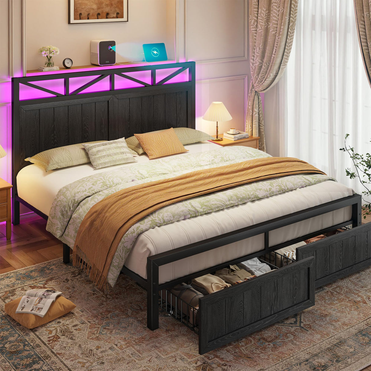 Homkdom Farmhouse Full Size Bed Frame with 2 Storage and LED Lights, Full Bed Frame with Headboard Built in Charging Station,Easy Assembly, No Box Spring Needed, Black Homkdom