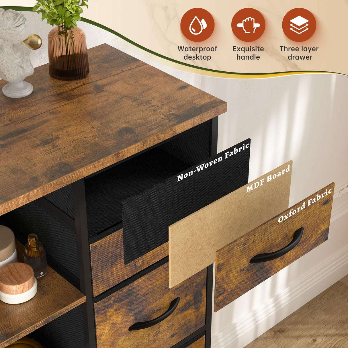 EnHomee 15 Drawer Dresser for Bedroom with Hutch 51" H Tall Dressers with Charging Station & LED Lights Sturdy Fabric Bedroom Dresser,Steel Frame, Wood Top, Rustic Brown, 51.2" H x 39.3" W x 11.8" D EnHomee