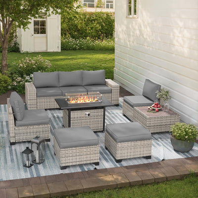 Muphyers 9-Piece Outdoor Patio Furniture Set with 55,000 BTU Fire Pit Table, PE Wicker Rattan Sectional Sofa Patio Conversation Set with Ottomans & Coffee Table, Grey