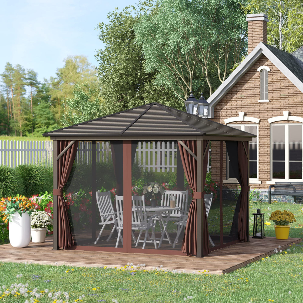 Outsunny 10' x 10' Hardtop Gazebo with Curtains and Netting, Permanent Pavilion Metal Single Roof Gazebo Canopy with Aluminum Frame and Hooks, for Garden, Patio, Backyard, Dark Brown Outsunny