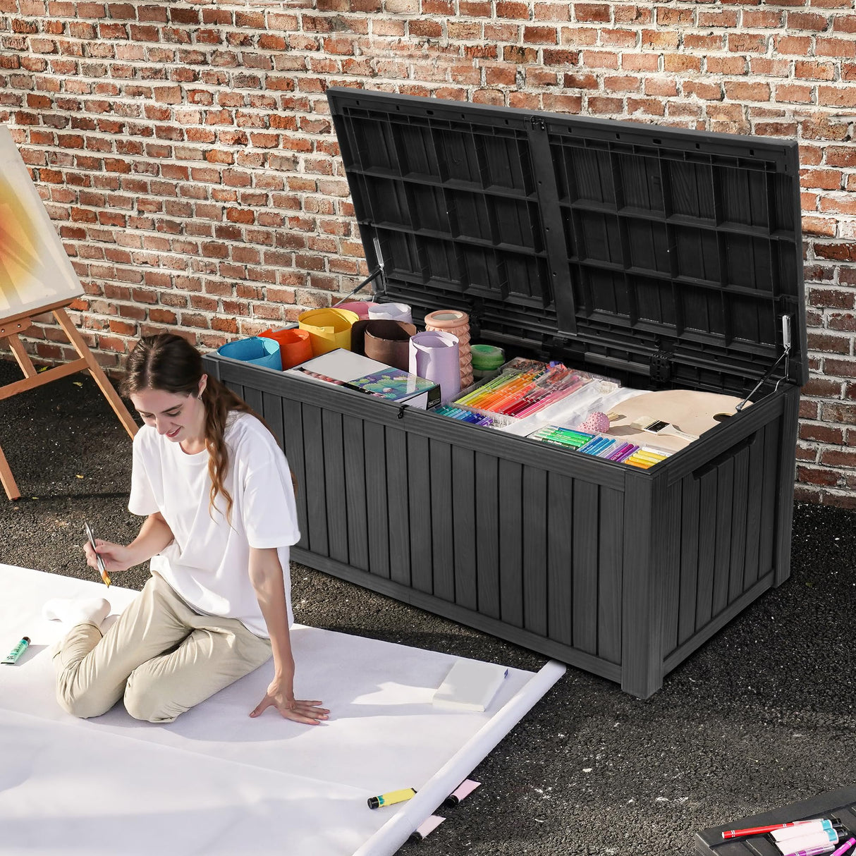 DWVO 150 Gallon XL Deck Box with Divider & Lockable Lid, Waterproof Resin Outdoor Storage for Patio, Garden, Poolside, Cushions, Supplies & Sports Gear, Black DWVO
