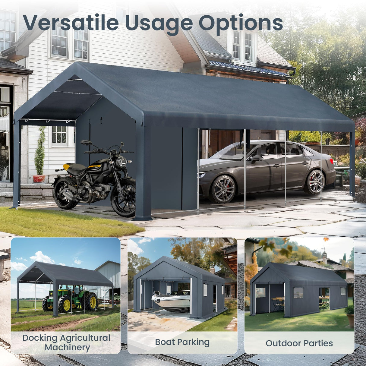PHI VILLA 13'x24'x9.6' Outdoor Portable Storage Shelter Shed Garage with Roll up Zipper Doors & Vents Carport for Motorcycle Waterproof and UV Resistant Anti-Snow Portable Garage Kit Tent, Gray PHI VILLA