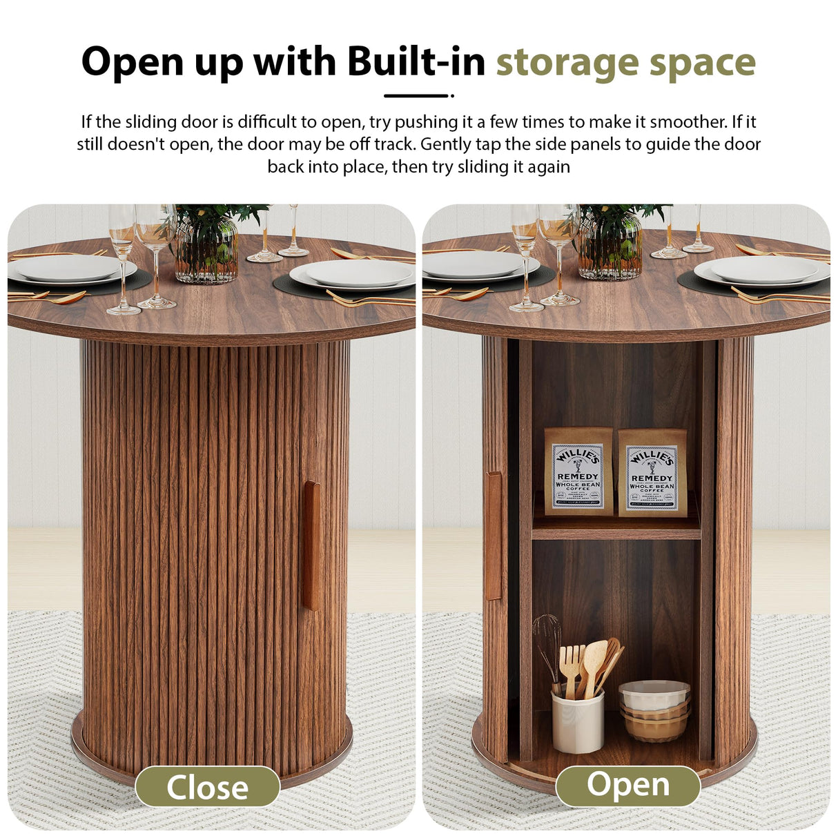 31.5" Round Dining Table for 2-4, Modern Farmhouse Kitchen Table with 2-Tier Storage Shelf, Small Wooden Circle Dining Tables with Fluted Base for Home Dining Room Living Room (Walnut) weselon