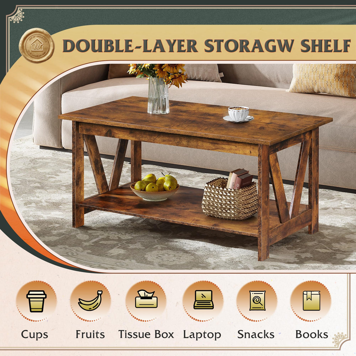 WLIVE Coffee Table with Storage Shelf, 39.4" Farmhouse Coffee Table with V-Frame Support, 2-Tier Wood Rustic Center Table for Living Room, Bedroom & Balcony, Rustic Brown WLIVE