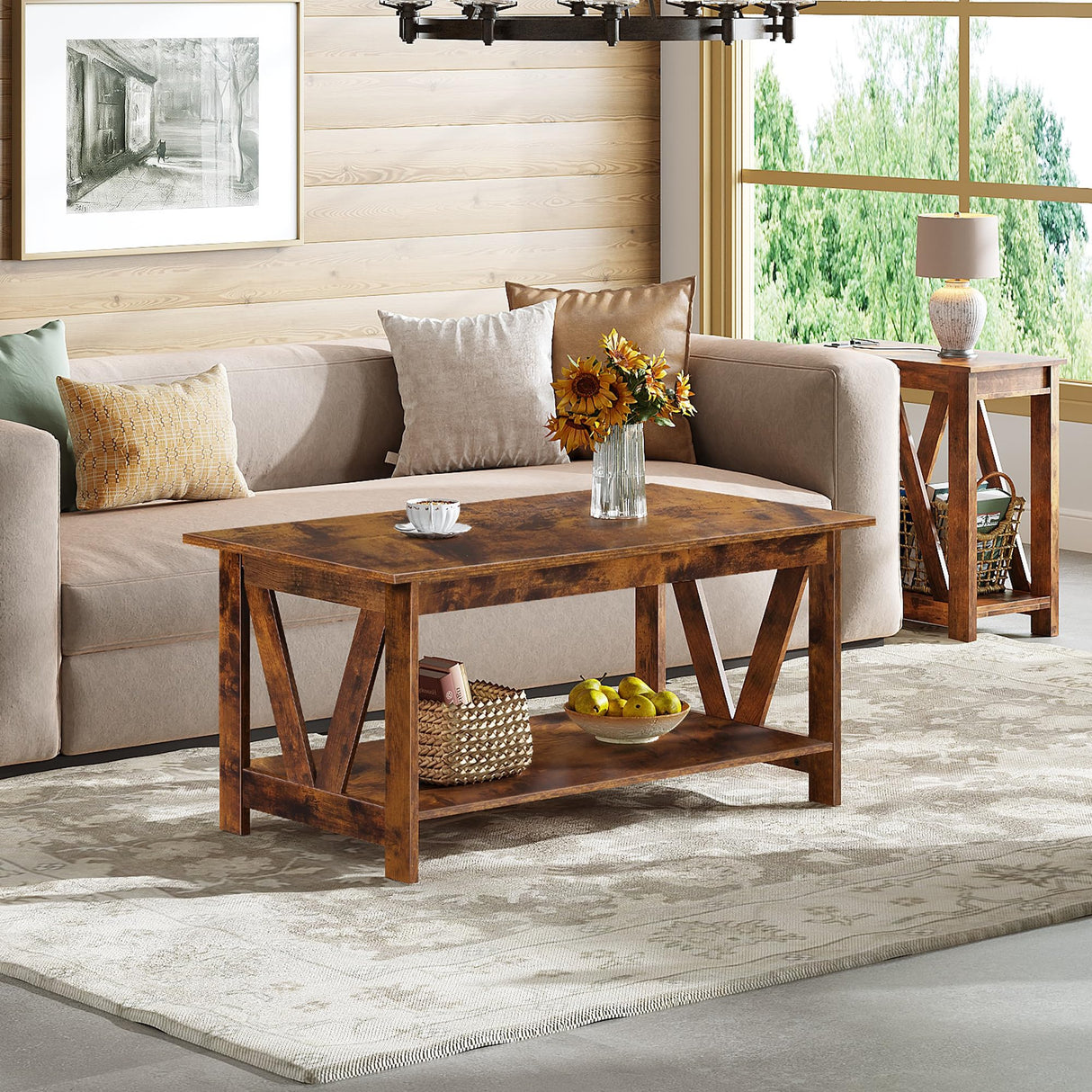 WLIVE Coffee Table with Storage Shelf, 39.4" Farmhouse Coffee Table with V-Frame Support, 2-Tier Wood Rustic Center Table for Living Room, Bedroom & Balcony, Rustic Brown WLIVE
