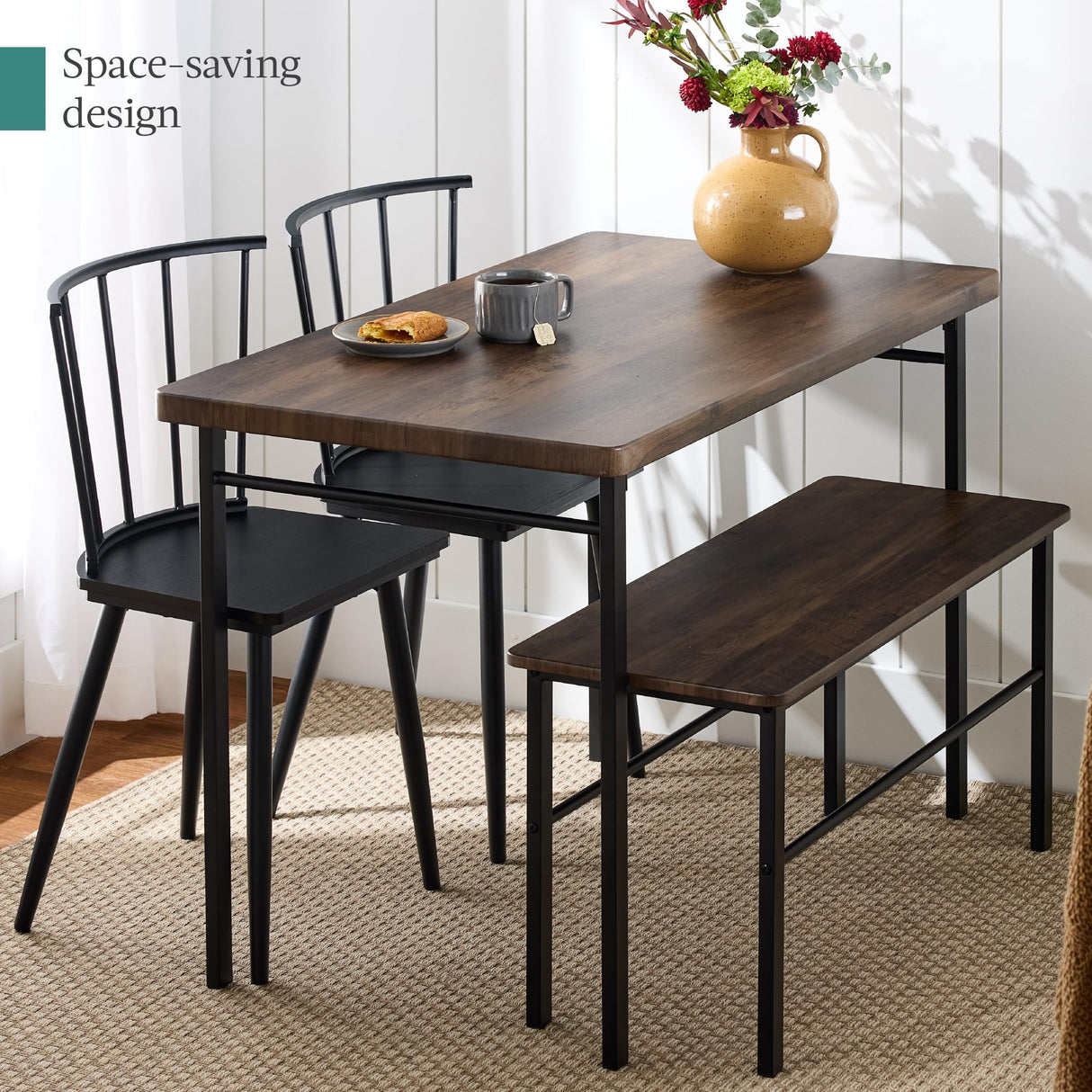 Best Choice Products 4-Piece Farmhouse Dining Table Set w/ 2 Black Spindle Chairs, Dining Bench, Kitchen Table, Windsor Chairs - Dark Brown Best Choice Products