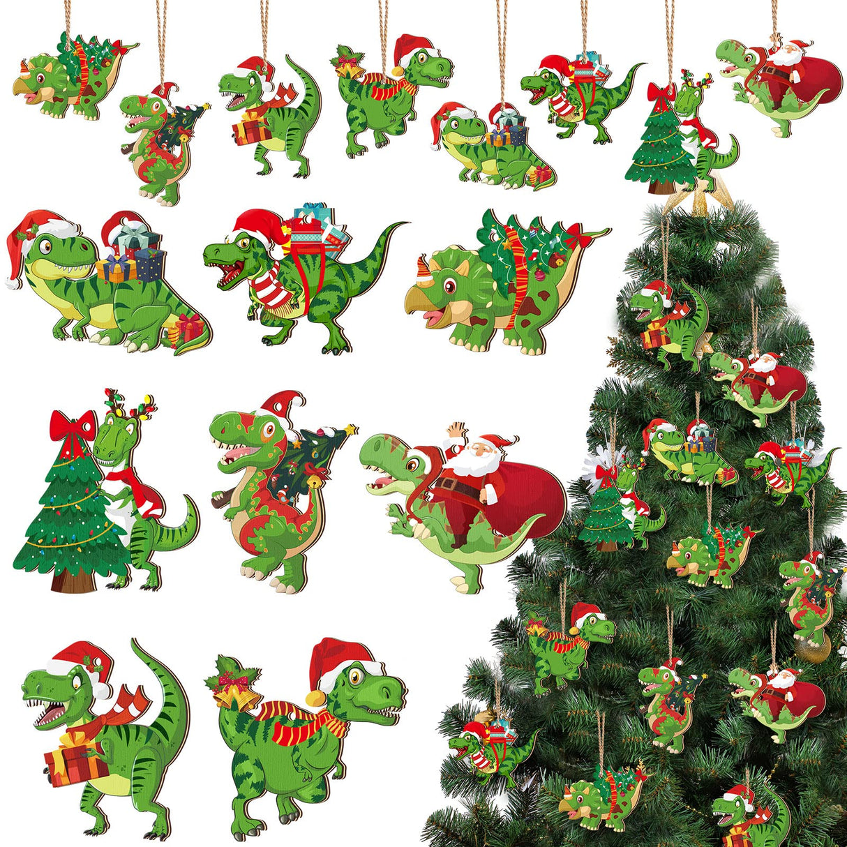BBTO 40 Pcs Christmas Dinosaur Ornaments Christmas Tree Topper Ornaments Wood Decorative Hanging Dinosaur Wooden Ornaments for Christmas Tree Xmas Party Holiday Decoration BBTO