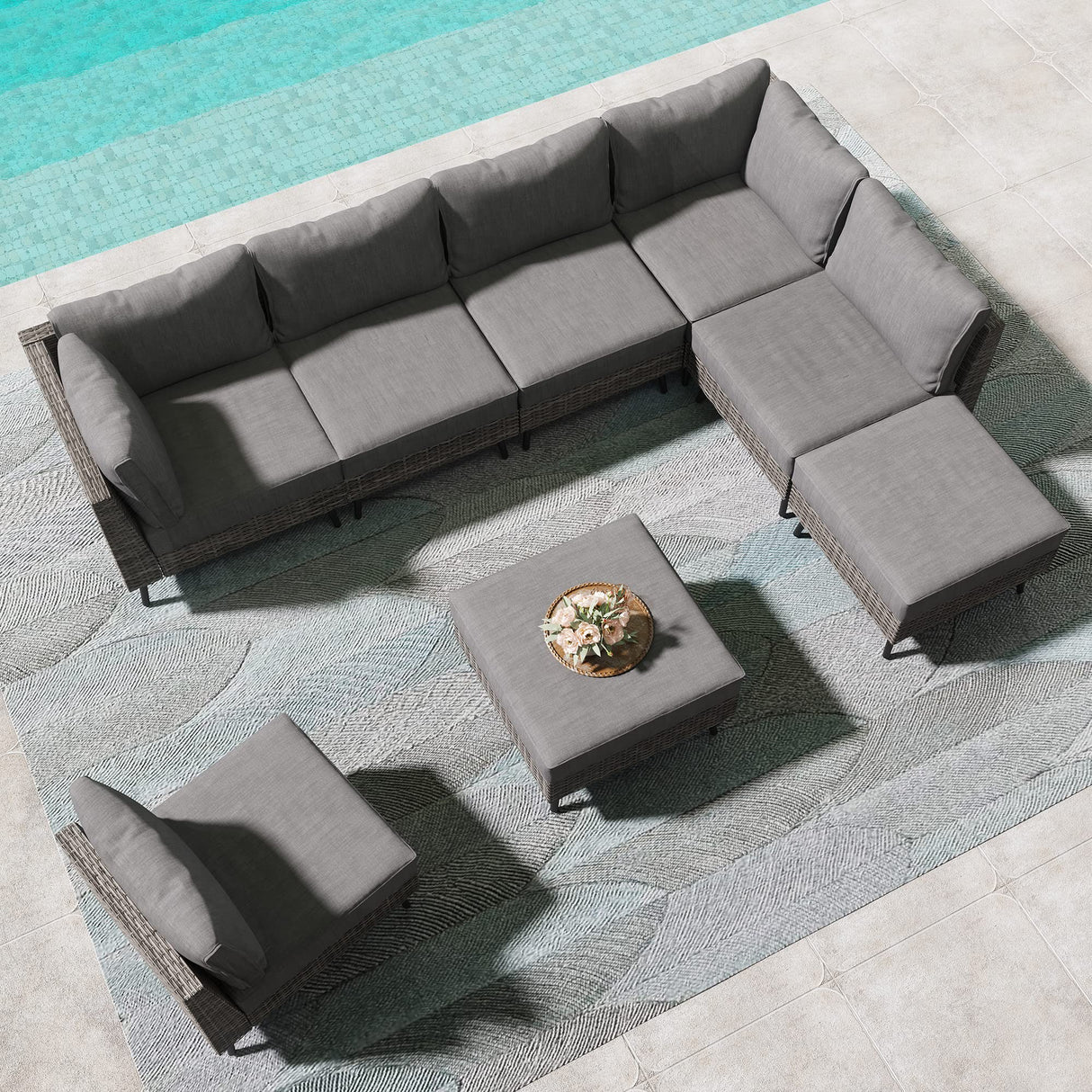 LAUSAINT HOME 8 Piece Outdoor Sectional Sofa PE Rattan Patio Conversation Sets, All Weather Patio Furniture Set with Thick Cushions for Garden, Poolside, Backyard (Grey) LAUSAINT HOME