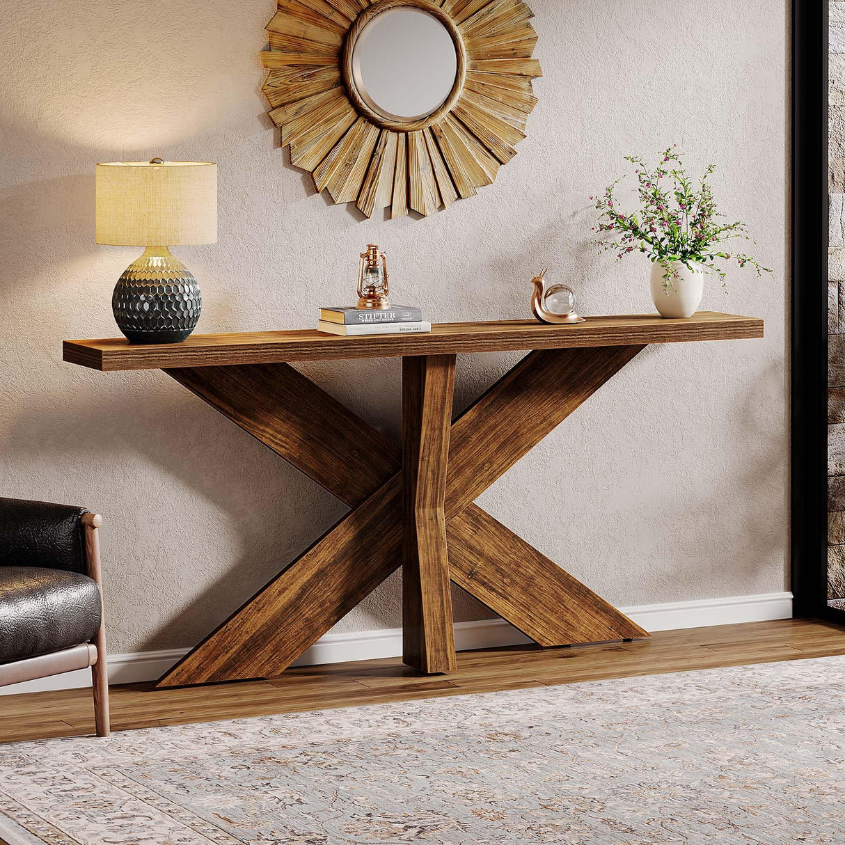 Tribesigns 70.9 Inches Long Sofa Table Behind Couch, Farmhouse Console Entry Table with Wooden Geometric Base for Entryway, Living Room, Brown Tribesigns