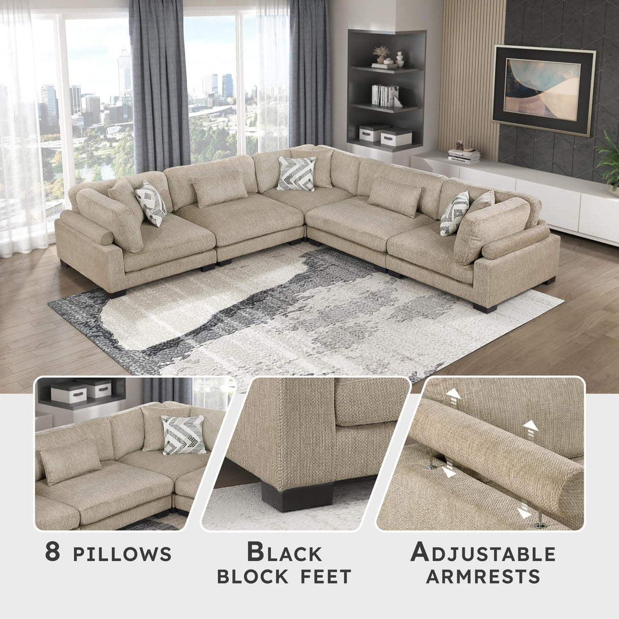 Lexicon Modular Sectional Sofa, Textured Microfiber Oversized Sectional Sofa, 8 Pillows, Adjustable Back and Armrests, Removable Back Cushion Cover, L Shape Couch, 5 Seater, Beige Lexicon