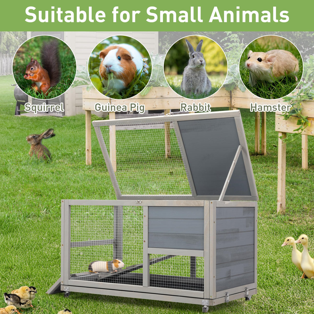 COZIWOW Fashion Wooden 36Inches Rabbit Hutch Outdoor with Wheels Bunny Cage Indoor Durable Rabbit Cage with Removable Tray, Openable Roof, Anti-Slip Ramp for Small Bunny Rabbit (Grey) COZIWOW
