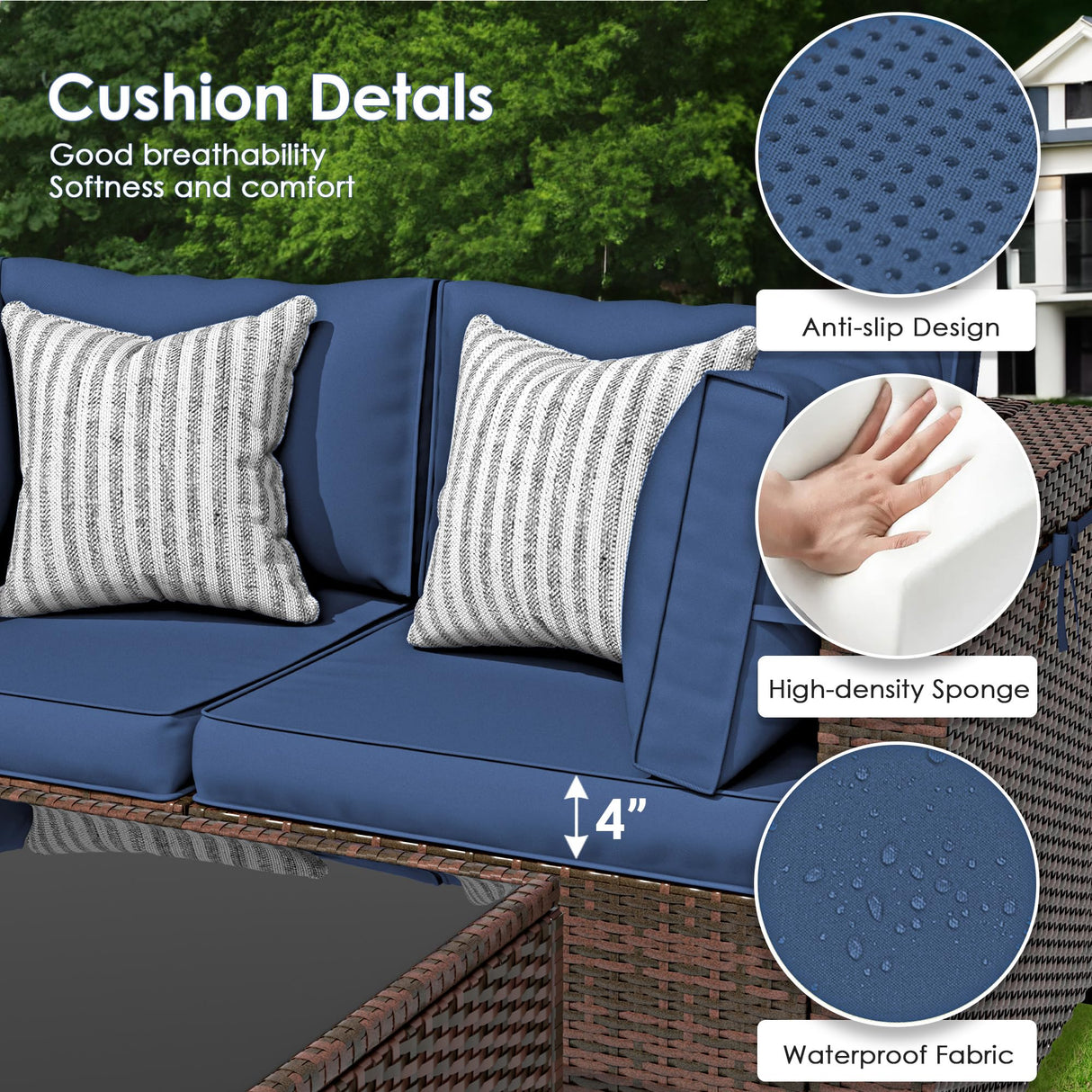 Amopatio 8 Piece Outdoor Patio Furniture Set with 44” Fire Pit Table Rattan Conversation Sectional Sets, Patio Couch with Tempered Glass Tea Table, Thickened Navy Cushions for Porch Backyard Lounge Amopatio