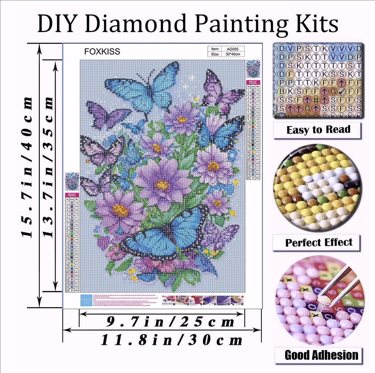 FOXKISS Butterfly Diamond Art Painting Kits for Adults, Full Drill Diamond Dots Paintings for Beginners, Round 5D Paint with Diamonds Pictures Gem Art Painting Kits DIY Crafts Kits 12x16inch FOXKISS