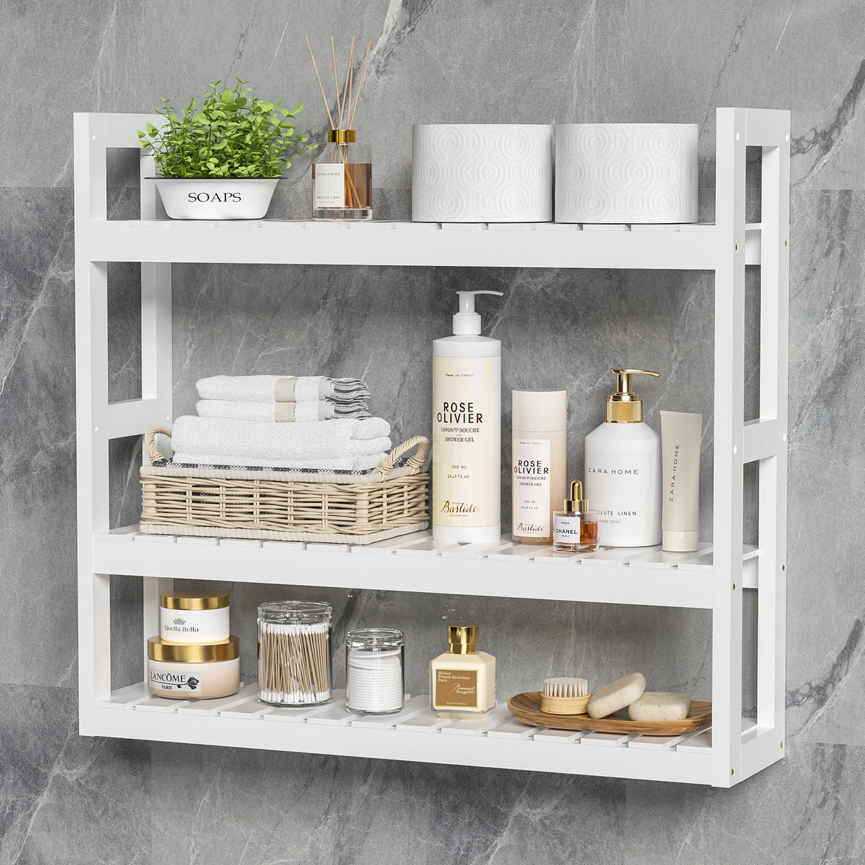 Domax Bathroom Shelves Over Toilet Storage - 3 Tier Wall Mounted Bamboo Bathroom Shelf Organizer Multifunctional Adjustable Layer Free Standing Utility Shelves for Bathroom Living Room Kitchen, White Domax