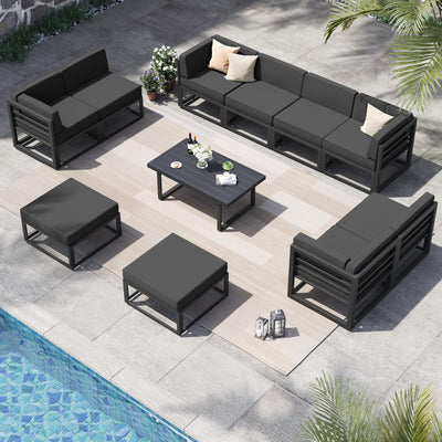 VONZOY 11 Piece Aluminum Patio Furniture Set with Waterproof Cover & 5" Thick Cushions, Aluminum Outdoor Sectional Conversation Set with Coffee Table Ottoman for Porch, Backyard(Grey/Grey)