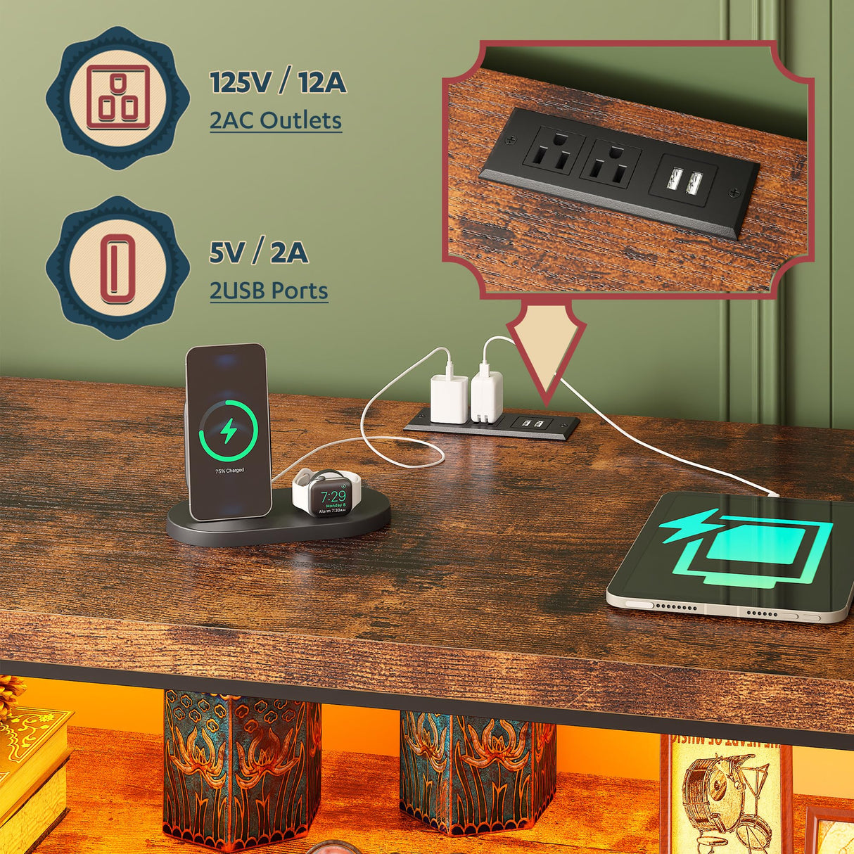 63" Long Dresser for Bedroom with 12 Fabric Drawers Entertainment Center with LED Lights & Power Outlets TV Stand for 70 Inch TV, Organizer for Bedroom, Rustic Brown Romorgniz