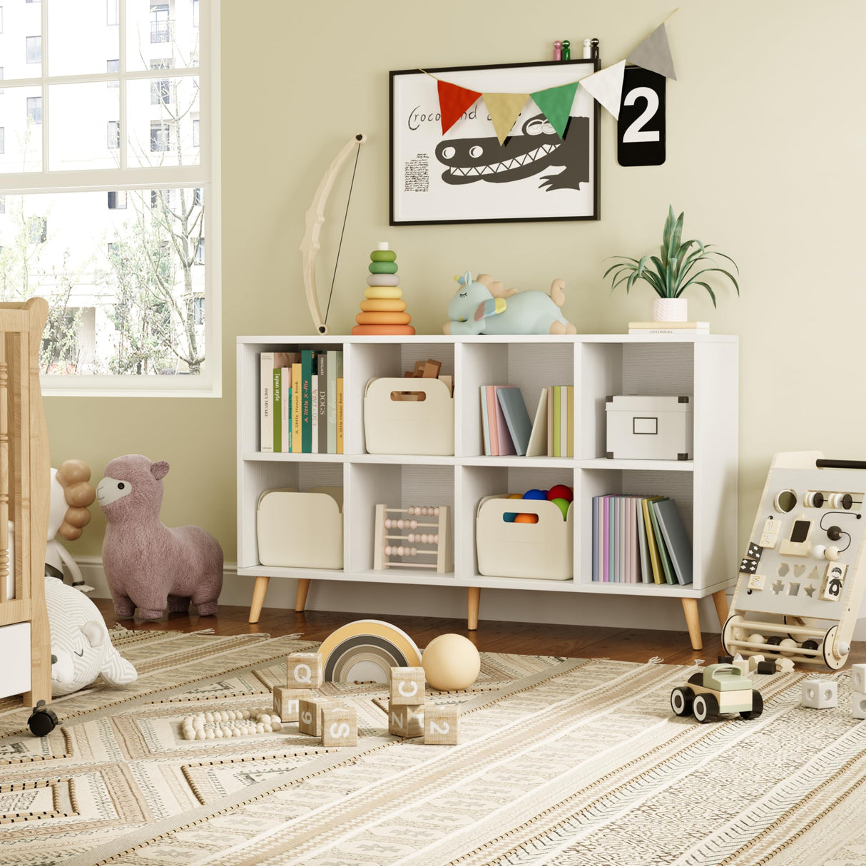 8-Cube Bookshelf 2 Tier Modern Bookcase with Legs, 11in Shelf Opening, 47" Wood Bookshelves Storage Organizer Shelf, Freestanding Open Book Shelves for Bedroom Living Room Office, Modern White Flrrtenv