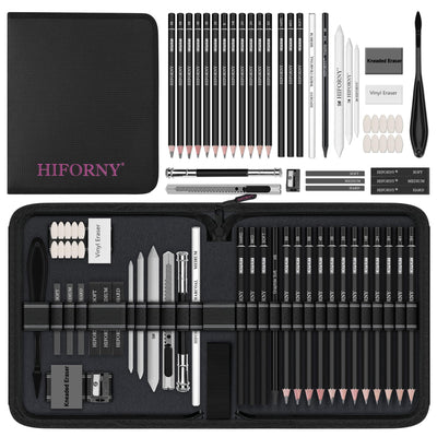 HIFORNY 42 PCS Drawing Set, Sketching Kit with Graphite & Charcoal Pencils, Blending Tools, Erasers & Accessories, Portable Zippered Travel Case for Artists & Beginners