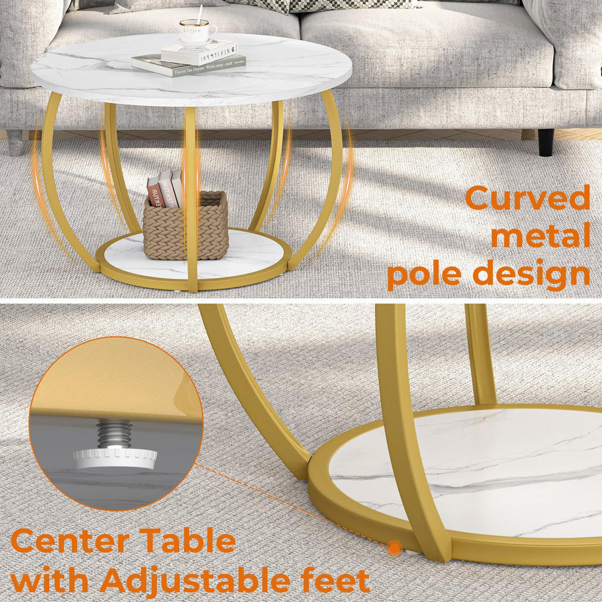 GreenForest Round Coffee Table with Storage, 27.6 inch Small Living Room Tables with Adjustable Feet, 2-Tier Farmhouse Center Table for Home Office, Marble GreenForest