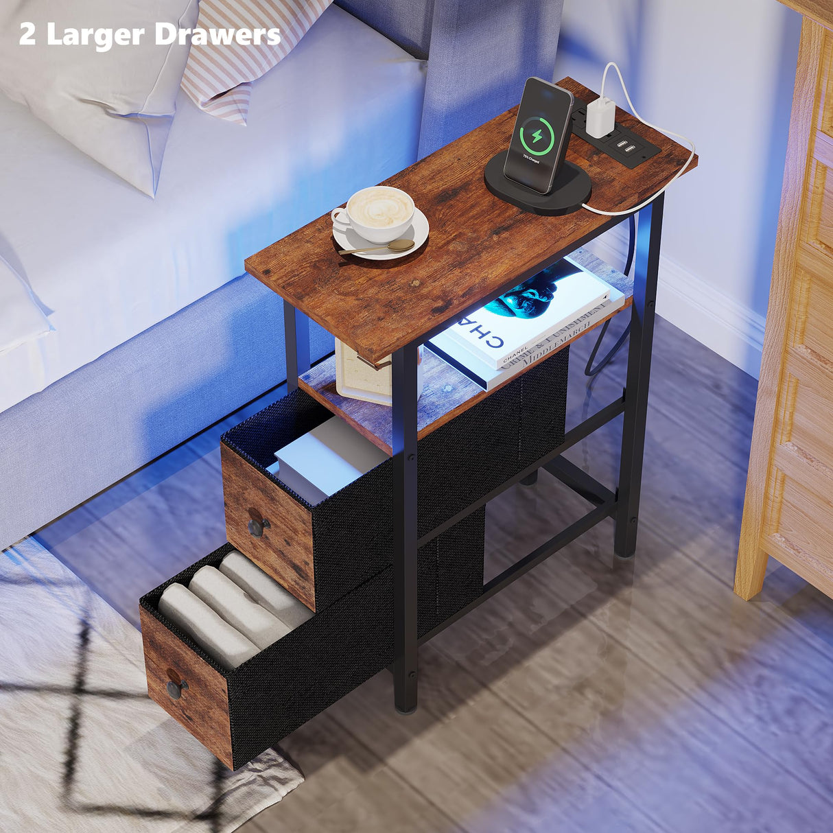 TRIFEBLE End Table with Charging Station, Narrow Side Table with 2 Fabric Drawers, Skinny Nightstand with LED Light, Slim Bedside Table for Bedroom, Living Room, Small Spaces, Rustic Brown TRIFEBLE