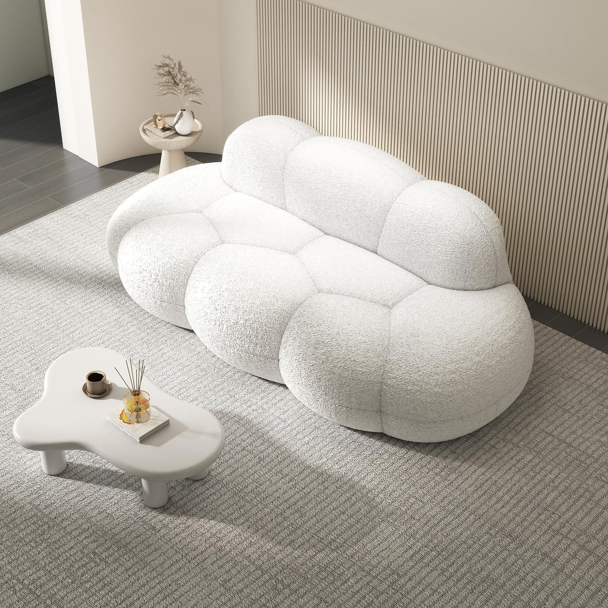 Modern Curved Sofa, 3 Seater, Soft Sherpa Upholstered Sofa, Minimalist Style Comfy Cloud Couch for Living Room Apartment, White LovingAHome